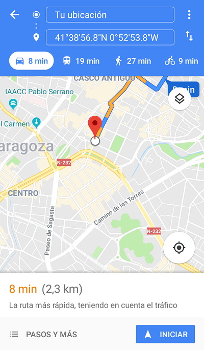 el gps de google nos trazara la ruta mas rapida desde nuestra ubicacion para llegar a la plaza 