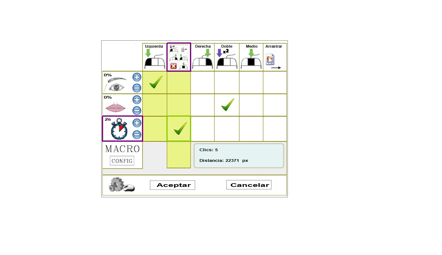 pantalla de asociacion de teclas y botones con gestos faciales y macros para discapacidad 