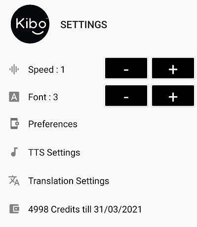 opciones de configuracion de kibo, pudiendo configurar el ocr, traduccion, velocidad o tamaño de fuente